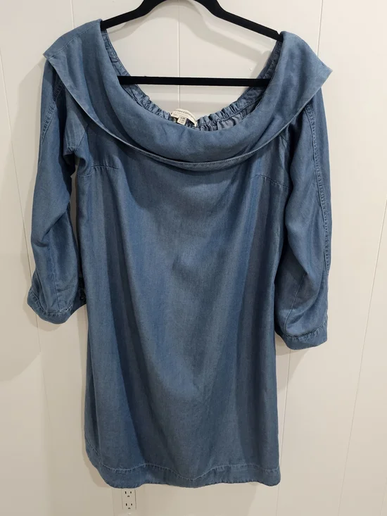 Anthropologie Chambray Ruffle Collar Shift Dress M Blue Lyocell Boho Minimalist - Picture 6 of 10